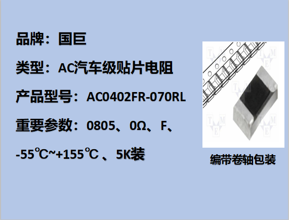 國巨AC汽車級貼片電阻0402,F,0Ω,50V,5k裝